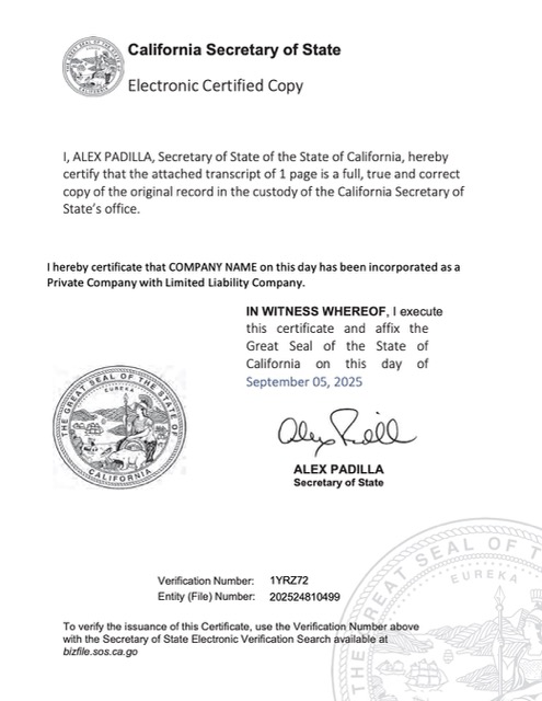 USA California electronic registration certificate Word and PDF template